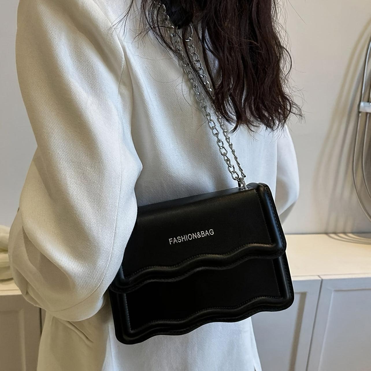 Elegant Mini Messenger Bag for Women: Magnetic Closure, Scallop Design, Chain Strap, Faux Leather Lining, Solid Color